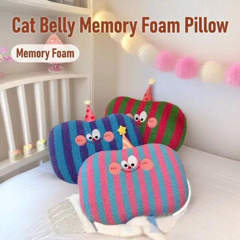 Cartoon Dopamine Memory Foam Pillow Cat Belly Neck Support Pillow Soft Plush Decorative Striped Throw Pillow Cushion For Kids Adult