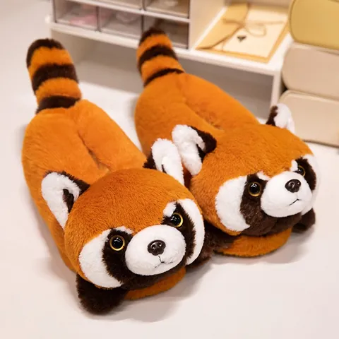 Winter Warm Plush Cotton Slippers Cute Cartoon Raccoon Fox Animal Indoor Home Thick Soled Non-Slip Couple Shoes