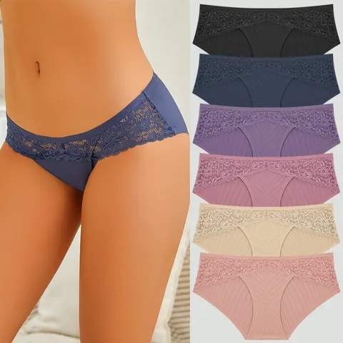 Women's Low Waist Seamless Bikini Panties Lace Patchwork Quick Dry Breathable Solid Color Lingerie Underwear For Women