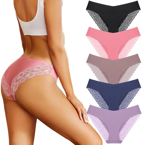 Culotte Femme Sans Couture Avec Patchwork de Dentelle Panties Respirant Confortable Taille Basse en Nylon Lingerie Élégante