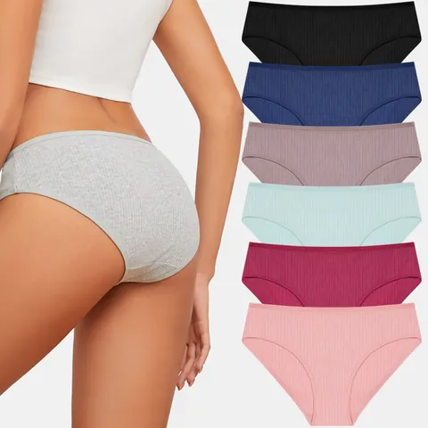 Women Low Waist Ribbed Cotton Briefs Breathable Comfortable Seamless Lingerie Solid Color Basic Panties For Ladies Daily Wear