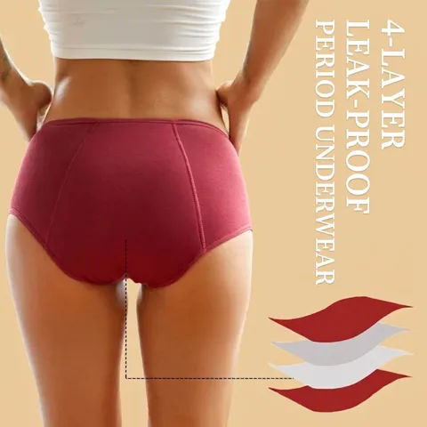 Culottes Menstruelles Anti Fuite en Coton pour Femmes Couleur Unie Taille Basse Slips de Protection Quatre Couches Sous Vêtements Confort