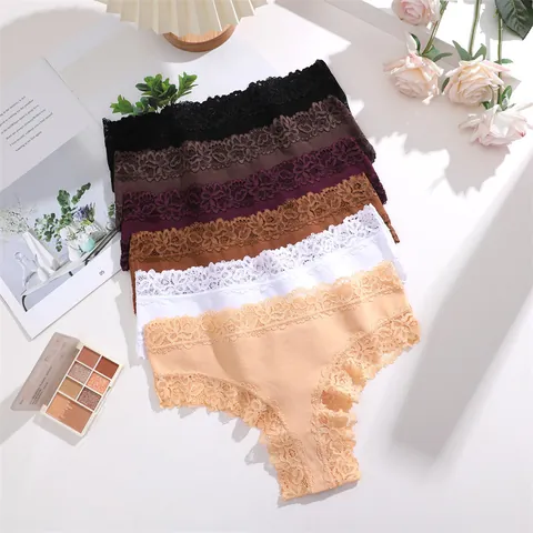 Culottes Bikini en Coton avec Bordure en Dentelle pour Femmes Respirantes Taille Basse Couleur Unie Sous-vêtements Confortables