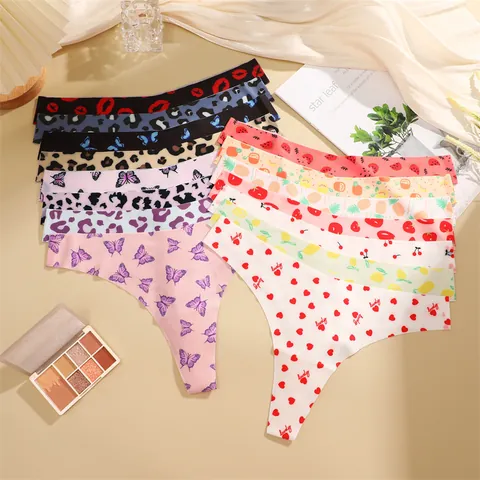 Culottes Tanga Sans Coutures Taille Basse pour Femmes Sexy Imprimé Animal Papillon Floral Sous-Vêtements Extensibles Invisibles