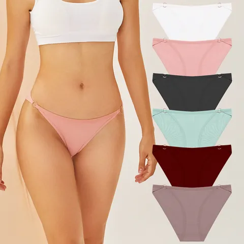 Sexy Ribbed Cotton Panties For Women Metal Ring Splicing Low Waist Bikini Briefs Breathable Solid Color Lingerie Panties