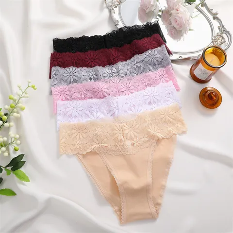 Culottes Sexy en Coton avec Dentelle pour Femmes Taille Basse Confortable avec Ceinture en Dentelle Florale Slips Semi-Enveloppants Quotidien Femme