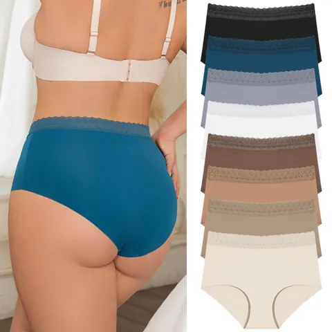 Culottes Sans Coutures en Polyamide Soie Glacée pour Femmes Taille Mi-Haute Respirant Séchage Rapide Slips