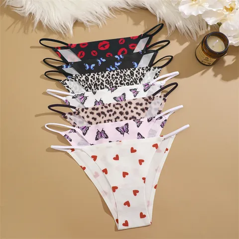 Culottes pour Femmes Taille Basse Sans Couture en Soie de Glace Imprimé Léopard Motif Papillon Briefs Lingerie pour Femmes Quotidien Décontracté Sous-vêtements