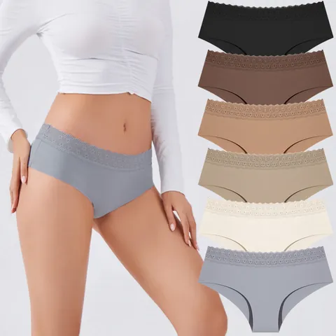 Culottes Bikini Sans Couture avec Bordure en Dentelle pour Femmes Confortable Respirant Taille Moyenne en Nylon Lingerie