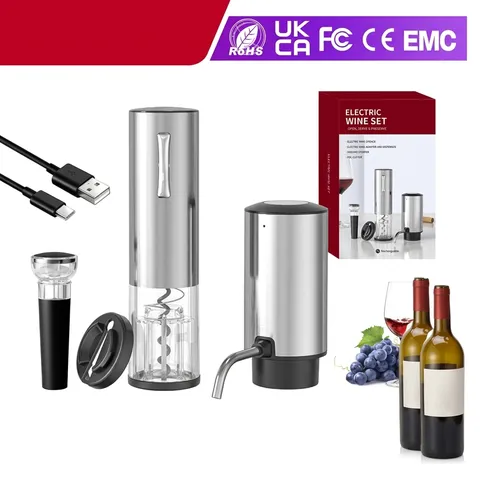 Electric Wine Opener Automatic Rechargeable Stainless Steel Red Wine Opener Set With Foil Cutter Aerator Vacuum Stopper Kitchen Tools