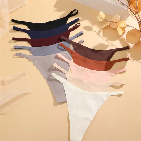 Women's Seamless Ice Silk Thong Sexy Low Waist G-String Quick Dry Yoga Sports Bottom Solid Color Invisible T-Back Panties