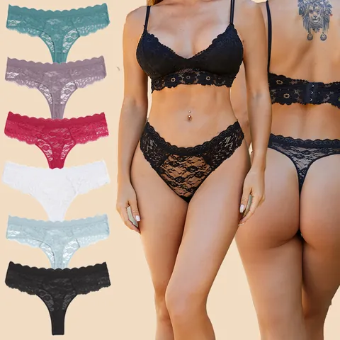 Women Sexy Lace Thong Translucent Mid Waist Panties Floral Pattern Soft Comfortable Underwear Female Lingerie