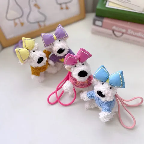 Cute Cartoon Westie Dog Plush Keychain With Bow Knitted Sweater White Puppy Stuffed Animal Doll Bag Accessory Pendant Gift