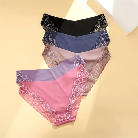 Culotte Femme Sans Couture Avec Patchwork de Dentelle Panties Respirant Confortable Taille Basse en Nylon Lingerie Élégante