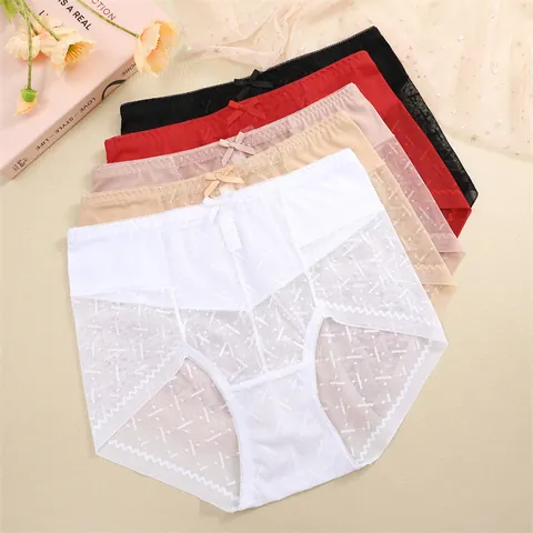 Women High Waist Lace Panties Breathable Sexy Mesh Briefs Cotton Crotch Underwear Elegant Bow Soft Knitted Lingerie Knickers