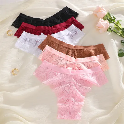 Strings en Dentelle pour Femmes Sexy Taille Basse avec Nœud Culottes Respirantes Lingerie en Dentelle Florale