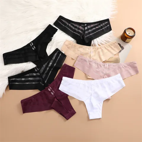 Women Sexy Mesh Thong Panties Low Waist Breathable Seamless G-String Underwear With Bow Decoration For Daily Wear