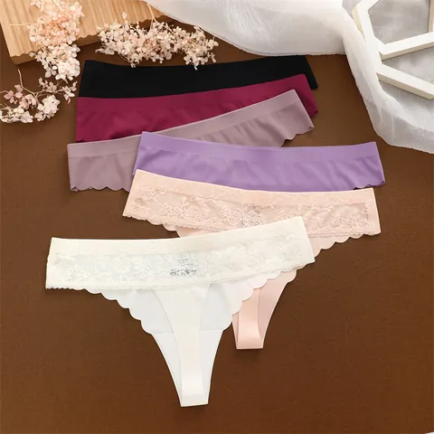 Dames Naadloze Thong Ijszijde Ademend Onderbroek Bloemen Kant Lage Taille Golvende Rand T-Back Sexy Slips Dagelijks