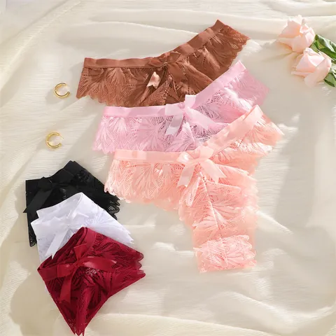 Strings en Dentelle pour Femmes Sexy Taille Basse avec Nœud Culottes Respirantes Lingerie en Dentelle Florale