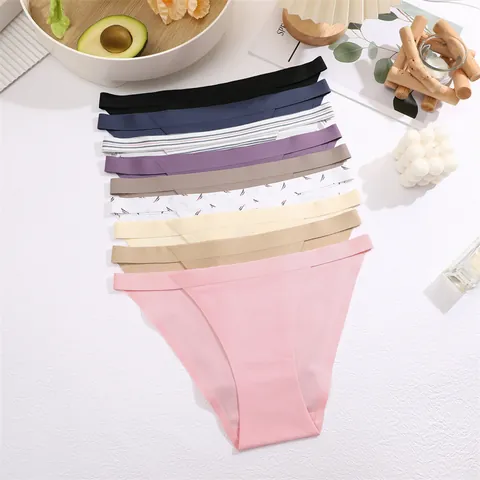 Women Seamless Ice Silk Bikini Panties Breathable Nylon Underwear With Cotton Crotch Low Waist Solid Color Striped Print Lingerie