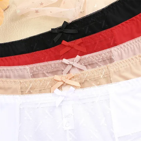 Women High Waist Lace Panties Breathable Sexy Mesh Briefs Cotton Crotch Underwear Elegant Bow Soft Knitted Lingerie Knickers