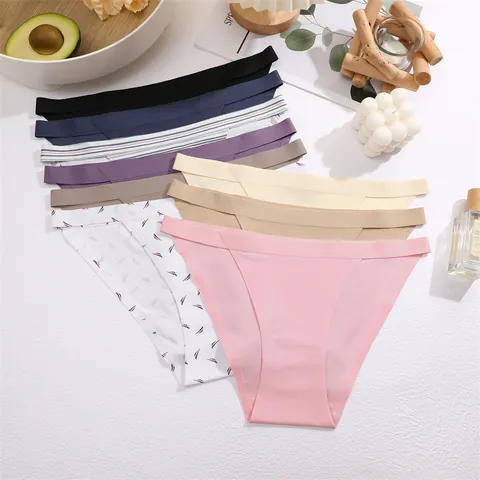 Women Seamless Ice Silk Bikini Panties Breathable Nylon Underwear With Cotton Crotch Low Waist Solid Color Striped Print Lingerie