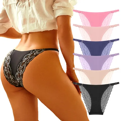 Culotte en Soie Glacée Sans Couture pour Femmes Patchwork de Dentelle Taille Basse Bretelles Réglables Slips Sexy Respirants