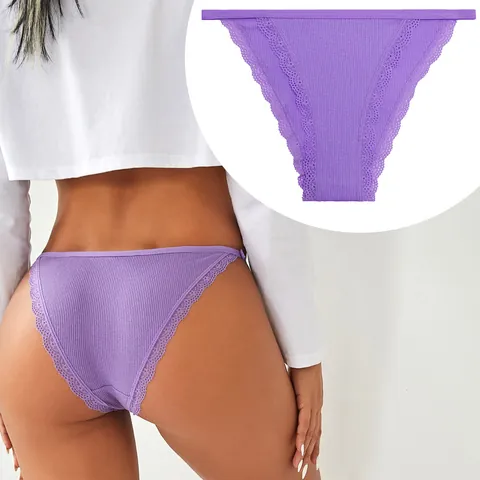 Women's Comfortable Low Waist Cotton Ribbed Panties Delicate Lace Trim Briefs Breathable Stretchy Underwear Sweet Strappy Lingerie