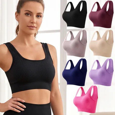 Women's Seamless Ribbed Sports Bra Square Neck Padded Yoga Workout Tank Top Slim Fit Elastic Fitness Athletic Top
