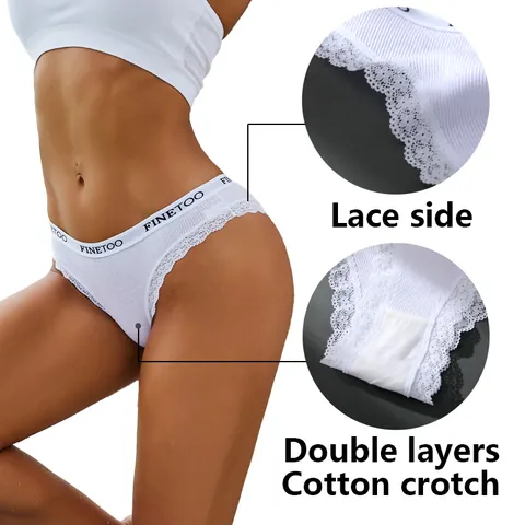 Women's Ribbed Cotton Panties Low Waist Lace Trim Solid Color Breathable Underwear Soft Comfortable Briefs