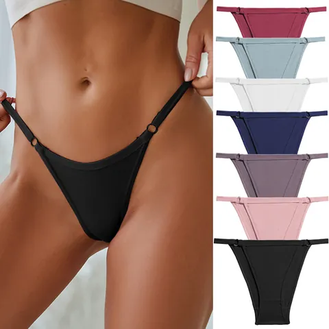 Dames Sexy Bikini Slipjes Katoen Lage Taille Thong Slips Met Metalen Ring Smalle Bandjes Effen Kleur Ademend Ondergoed