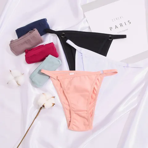 Dames Sexy Bikini Slipjes Katoen Lage Taille Thong Slips Met Metalen Ring Smalle Bandjes Effen Kleur Ademend Ondergoed