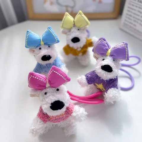 Cute Cartoon Westie Dog Plush Keychain With Bow Knitted Sweater White Puppy Stuffed Animal Doll Bag Accessory Pendant Gift