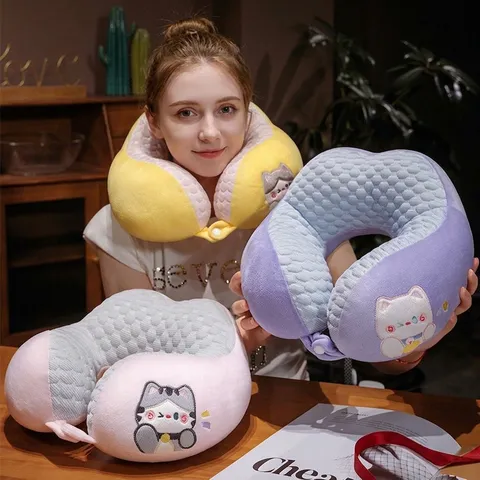 Almohada de Cuello en U de Verano Refrescante Doble Joroba Terciopelo de Cristal Bordado de Gato Almohada de Viaje