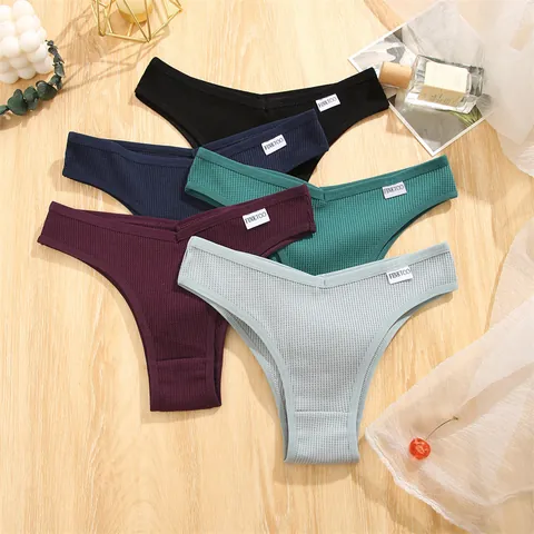 Women Waffle Cotton Thong Low Waist Brazilian Panties Breathable Soft Seamless Teen Girl Solid Color Lingerie Underwear
