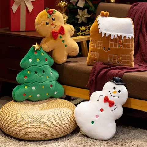 Oreiller Peluche de Noël Bonhomme de Neige Bonhomme de Pain d'Épice Arbre Forme Coussin Mou Décoration Maison Fête Sofa
