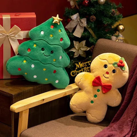 Oreiller Peluche de Noël Bonhomme de Neige Bonhomme de Pain d'Épice Arbre Forme Coussin Mou Décoration Maison Fête Sofa