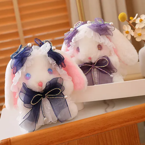 Süß Japanischer JK-Stil Langohriger Weißer Hase Plüschtier Traumhaft Leuchtende Augen Hasenpuppe Mit Spitzenkleid Schleife Netzschleife Künstliche Perle Akzente Für Mädchen Zimmer Dekoration Begleiter Geschenk