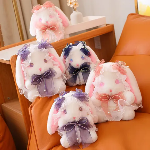 Süß Japanischer JK-Stil Langohriger Weißer Hase Plüschtier Traumhaft Leuchtende Augen Hasenpuppe Mit Spitzenkleid Schleife Netzschleife Künstliche Perle Akzente Für Mädchen Zimmer Dekoration Begleiter Geschenk