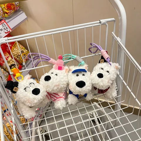 West Highland White Terrier Plush Keychain Cute Mini Puppy Dog Stuffed Toy With Colored Braided Rope For Backpack Charm Keyring Decor Gift For Girls Women