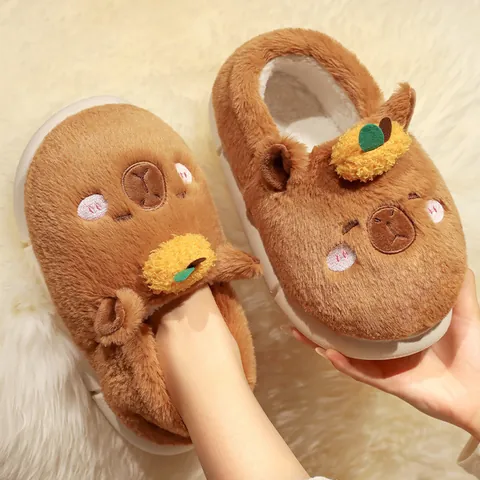 Winter Capybara Plush Slippers Warm Fuzzy Home Shoes Unisex Cute Animal Indoor Cotton Slippers With Orange Decor Non-Slip Thick Bottom
