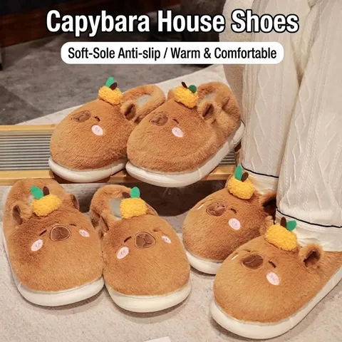 Winter Capybara Plush Slippers Warm Fuzzy Home Shoes Unisex Cute Animal Indoor Cotton Slippers With Orange Decor Non-Slip Thick Bottom