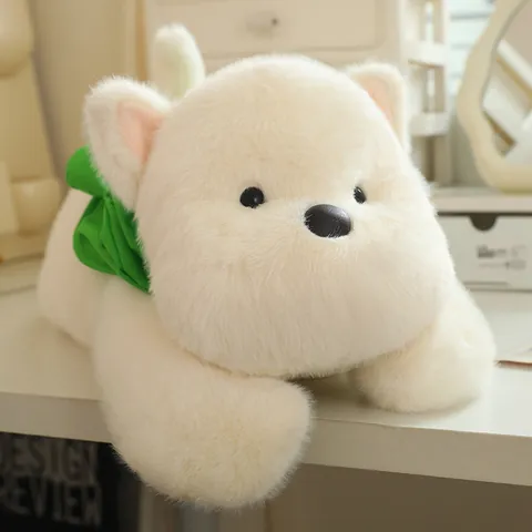 Cute West Highland White Terrier Plush Toy Soft Westie Dog Stuffed Animal Prone Position Soothing Doll With Frog Hat Decor For Kids