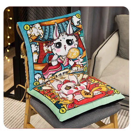 Guochao Rabbit Square Throw Pillow Decorative Plush Cushion With PP Cotton Filling Cartoon Chinese Style Chair Seat Pad For Living Room Bedroom Office