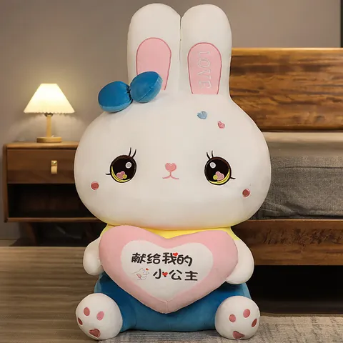 Cute White Rabbit Plush Toy With Pink Heart Love Letter Embroidery Soft Stuffed Animal Doll For Valentine Day Gift Home Decor