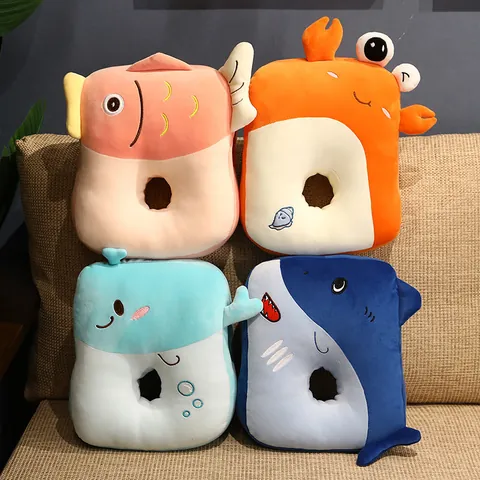 Cute Marine Animal Shark Crab Whale Plush Nap Pillow Hand Warmer Dual-Sided Rattan Mat Breathable Office Sleeping Pillow Gift