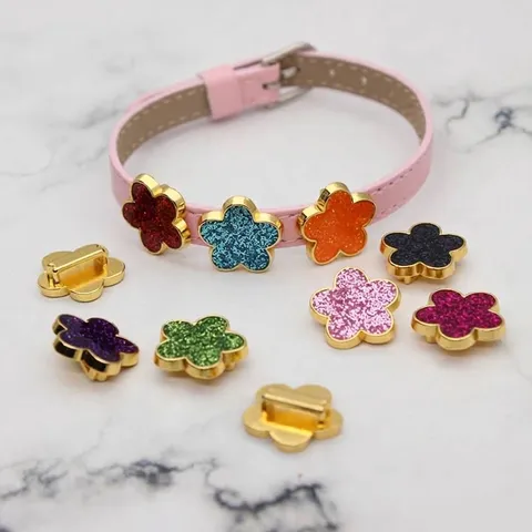 Alloy Glitter Flower Slide Charms Electroplated Enamel Floral Pattern Slip-on Connector Beads For DIY Bracelet Wristband Making Crafts Findings Accessories
