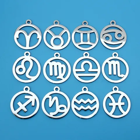 DIY Stainless Steel 12 Zodiac Sign Round Pendant Only (Without Chain) Charms Mirror Polished Hollow Circular Plate For Jewelry Making Bracelet Necklace Accessories