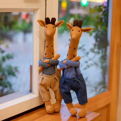 Nordic Ins Cartoon Giraffe Plush Toy Cotton Linen Cute Animal Doll Stripped Shirt Overalls Comfort Soothing Companion Home Decoration Gift For Kids