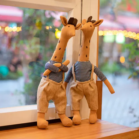 Nordic Ins Cartoon Giraffe Plush Toy Cotton Linen Cute Animal Doll Stripped Shirt Overalls Comfort Soothing Companion Home Decoration Gift For Kids